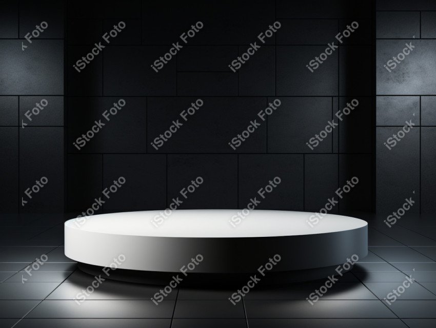 Neon white light round podium and black background for mock up,