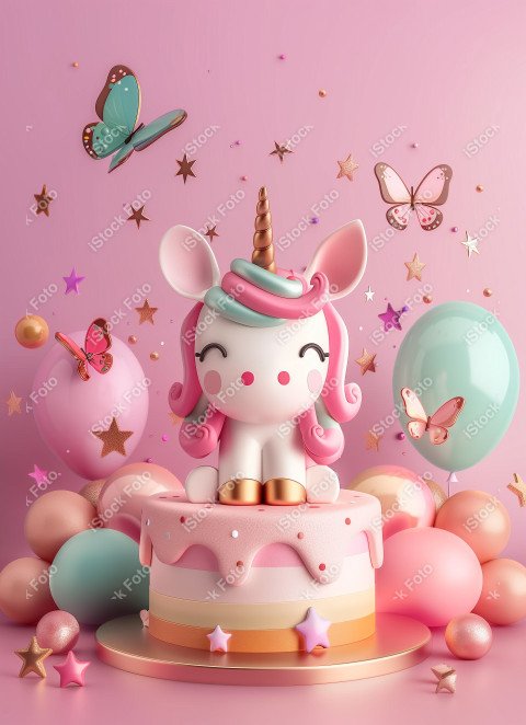 Unicórnio fofo, fundo rosa, com borboleta e estrelas, Gerado co