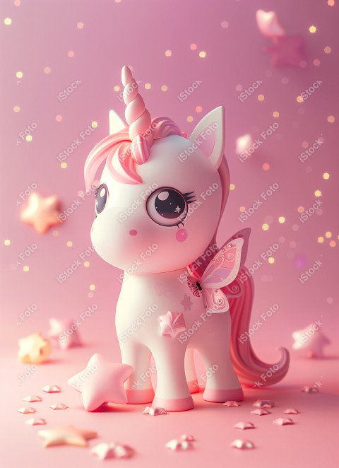 Unicórnio fofo, fundo rosa, com borboleta e estrelas, Gerado co