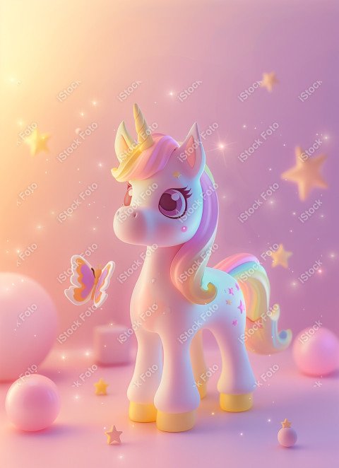 Unicórnio fofo, fundo rosa, com borboleta e estrelas, Gerado co