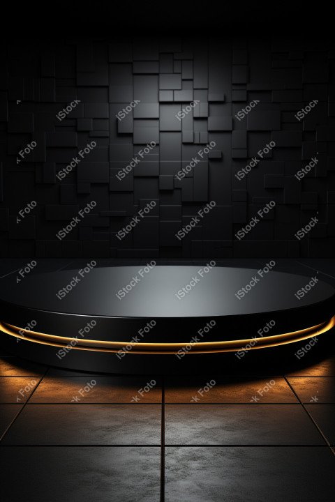 Neon Light round podium and black background for mock up, Black