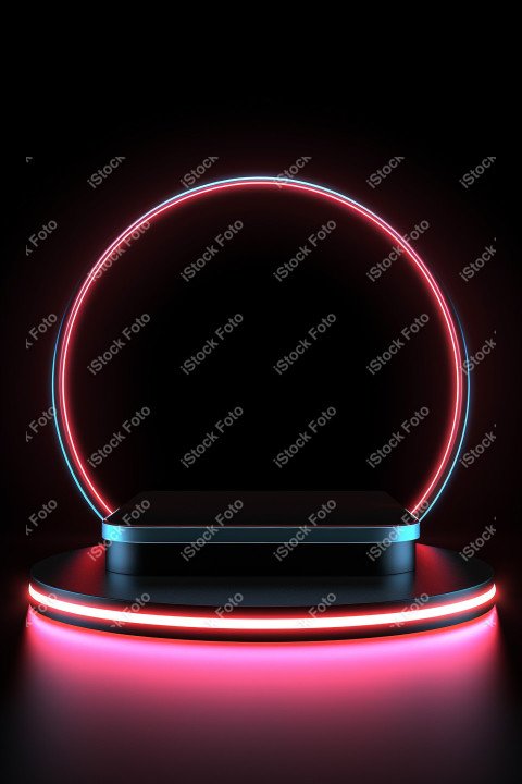 Neon Light round podium and black background for mock up, Black