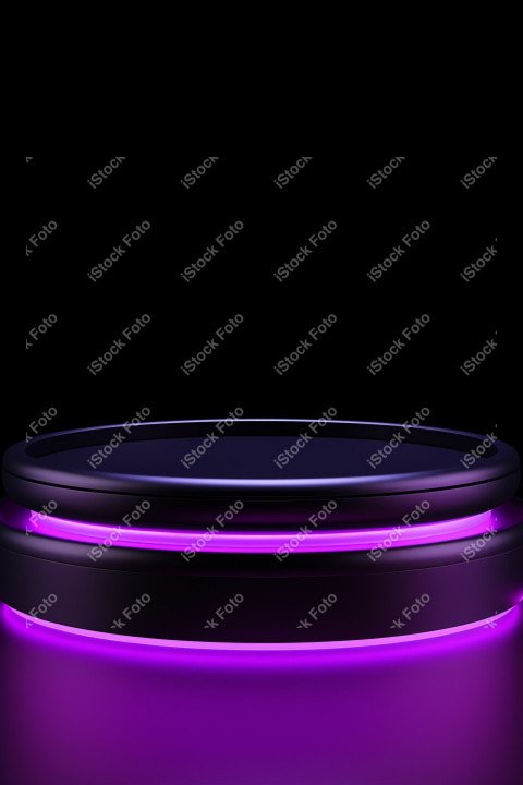 Neon Violet light round podium and black background for mock up,