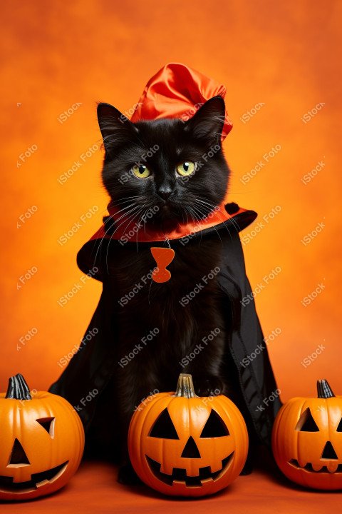 Adorable Black Cat in Halloween Costume with Evil Pumpkins