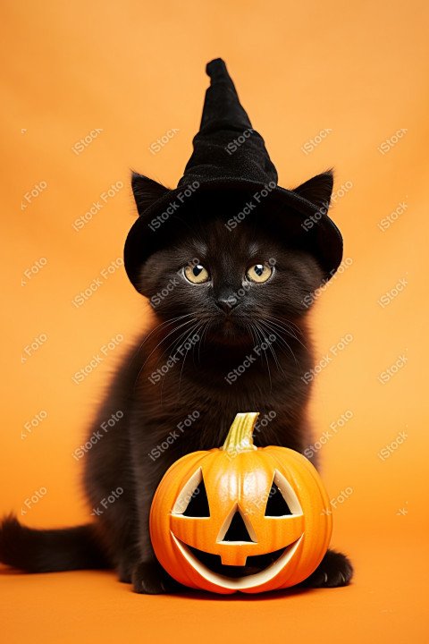 Adorable Black Cat in Halloween Costume with Evil Pumpkins