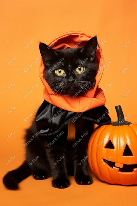 Adorable Black Cat in Halloween Costume with Evil Pumpkins