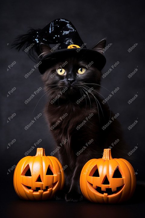 Adorable Black Cat in Halloween Costume with Evil Pumpkins