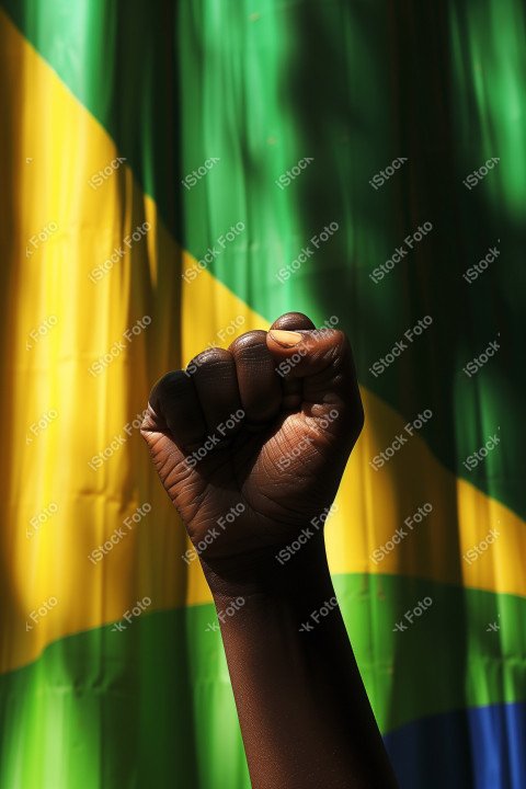 Uma imagem poderosa com um punho preto levantado ao fundo a bandeira do brasil, Gerado com IA (7)