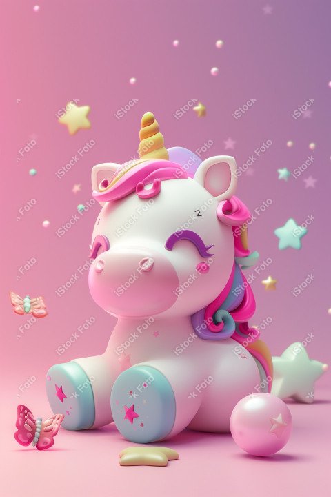Unicórnio fofo, fundo rosa, com borboleta e estrelas, Gerado co