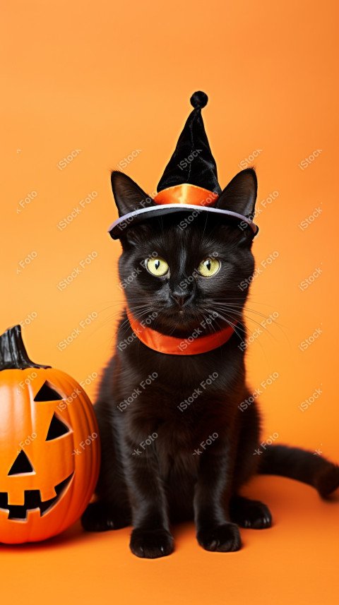 Adorable Black Cat in Halloween Costume with Evil Pumpkins