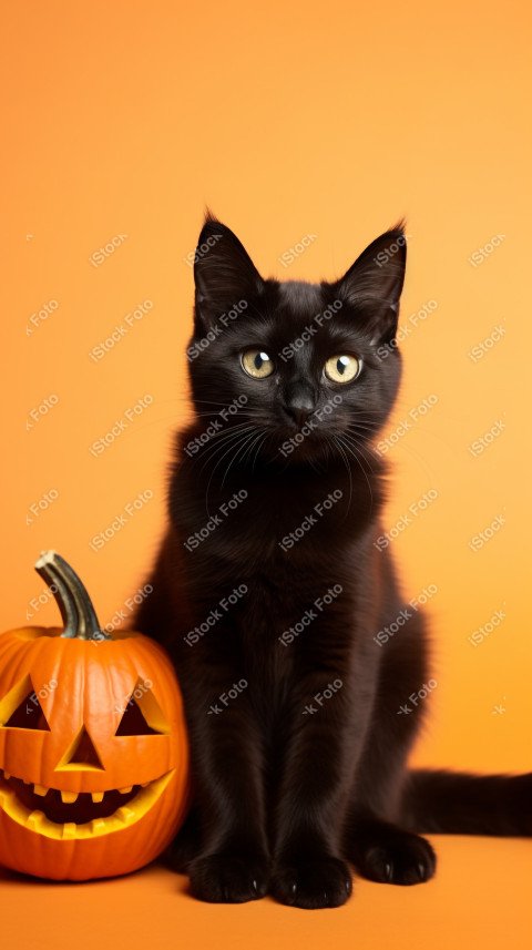 Adorable Black Cat in Halloween Costume with Evil Pumpkins