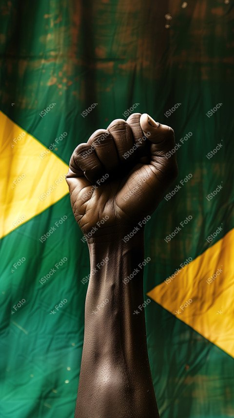 Uma imagem poderosa com um punho preto levantado ao fundo a bandeira do brasil, Gerado com IA (2)