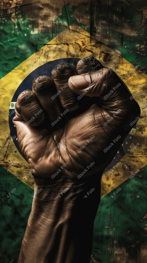 Uma imagem poderosa com um punho preto levantado ao fundo a bandeira do brasil, Gerado com IA (10)