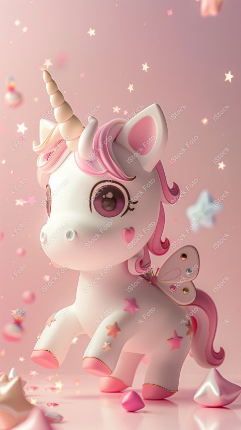 Unicórnio fofo, fundo rosa, com borboleta e estrelas, Gerado co