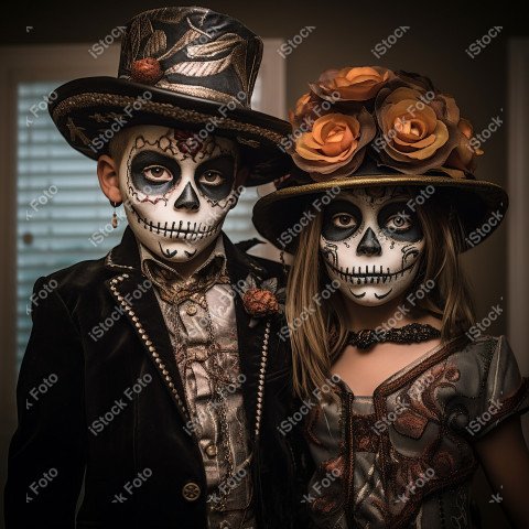 Happy halloween children in costumes and makeup holiday happy ha