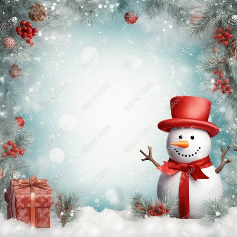 A Christmas background with snowman, red and white colors