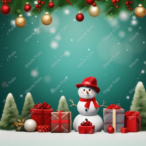 Christmas background with space for text and snowman and gifts