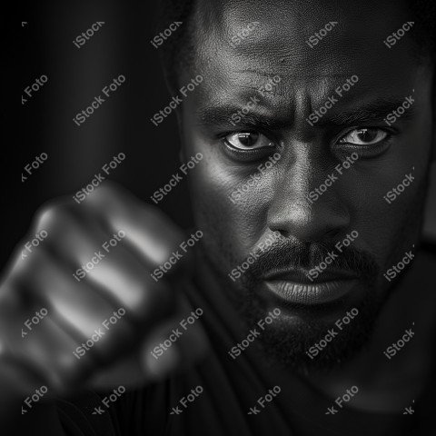 Fotografia em preto e branco homem afro-americano, punho erguido