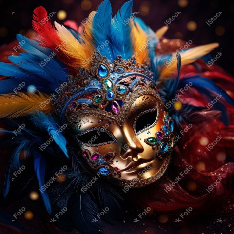 Uma máscara de carnaval colorida adornada com miçangas