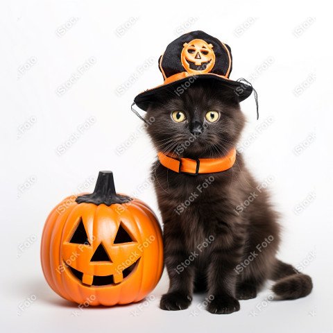 Adorable Black Cat in Halloween Costume with Evil Pumpkins