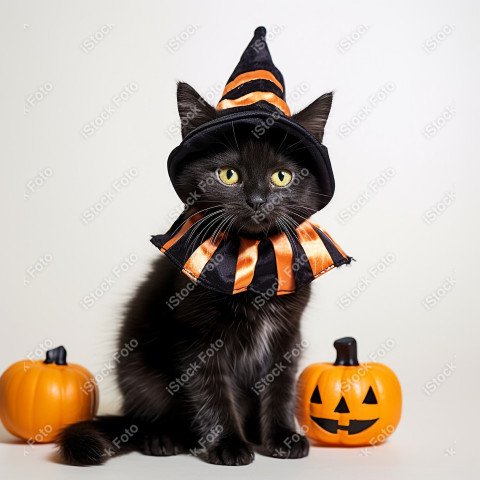 Adorable Black Cat in Halloween Costume with Evil Pumpkins