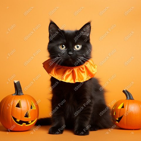 Adorable Black Cat in Halloween Costume with Evil Pumpkins