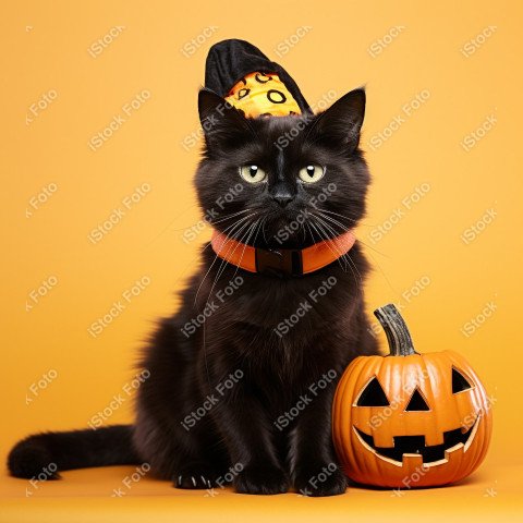 Adorable Black Cat in Halloween Costume with Evil Pumpkins