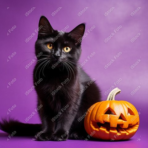 Adorable Black Cat in Halloween Costume with Evil Pumpkins