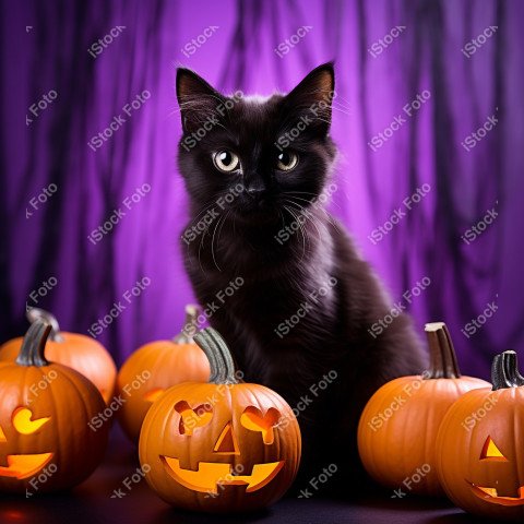 Adorable Black Cat in Halloween Costume with Evil Pumpkins