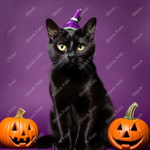 Adorable Black Cat in Halloween Costume with Evil Pumpkins