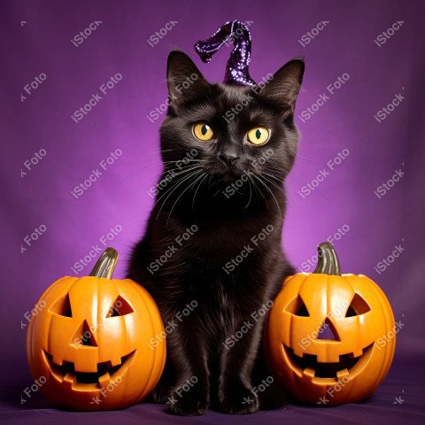 Adorable Black Cat in Halloween Costume with Evil Pumpkins