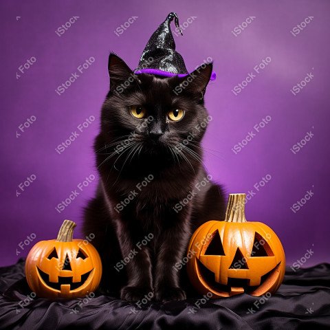 Adorable Black Cat in Halloween Costume with Evil Pumpkins
