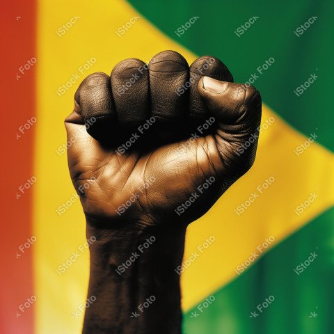 Uma imagem poderosa com um punho preto levantado ao fundo a bandeira do brasil, Gerado com IA (29)