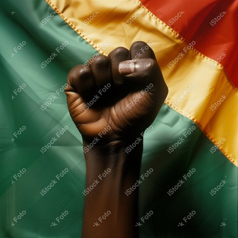Uma imagem poderosa com um punho preto levantado ao fundo a bandeira do brasil, Gerado com IA (27)