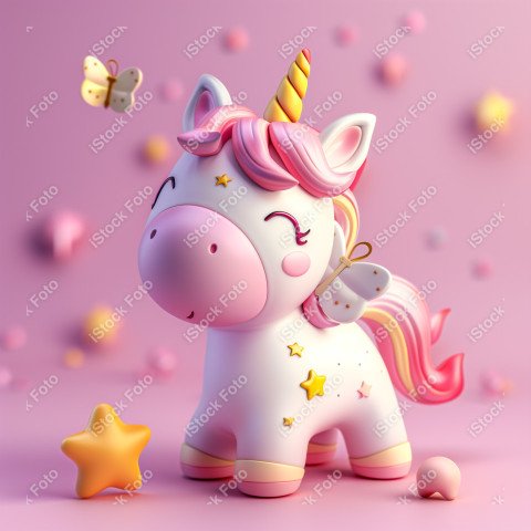 Unicórnio fofo, fundo rosa, com borboleta e estrelas, Gerado co
