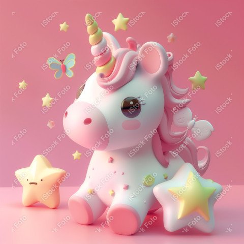 Unicórnio fofo, fundo rosa, com borboleta e estrelas, Gerado co