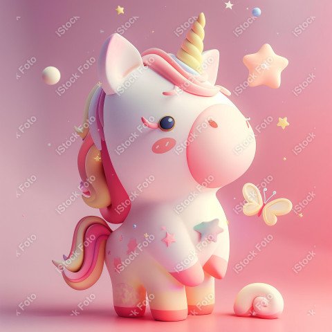 Unicórnio fofo, fundo rosa, com borboleta e estrelas, Gerado co