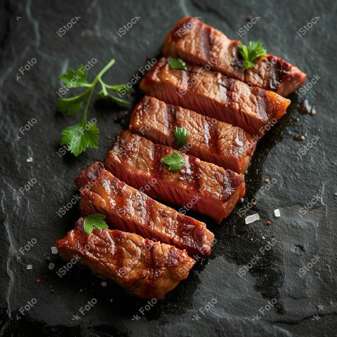 Fatias suculentas de churrasco, sobre uma mesa