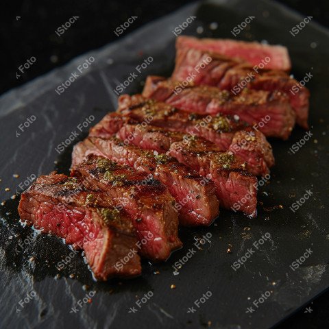 Fatias suculentas de churrasco, sobre uma mesa