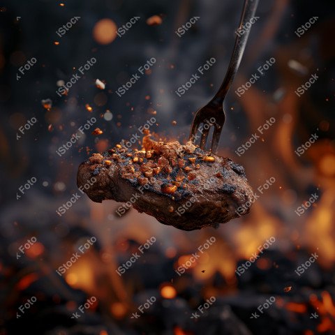 Fatias suculentas de churrasco, com chamas ao fundo