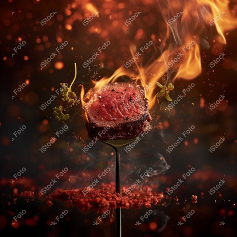 Fatias suculentas de churrasco, com chamas ao fundo