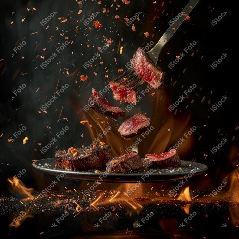 Fatias suculentas de churrasco, com chamas ao fundo