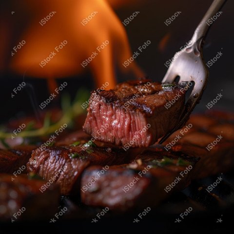 Fatias suculentas de churrasco, com chamas ao fundo