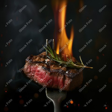 Fatias suculentas de churrasco, com chamas ao fundo