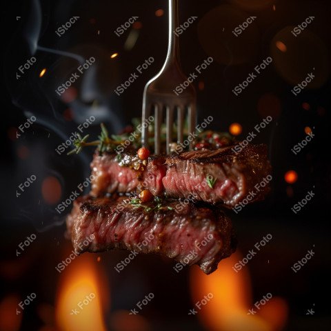 Fatias suculentas de churrasco, com chamas ao fundo